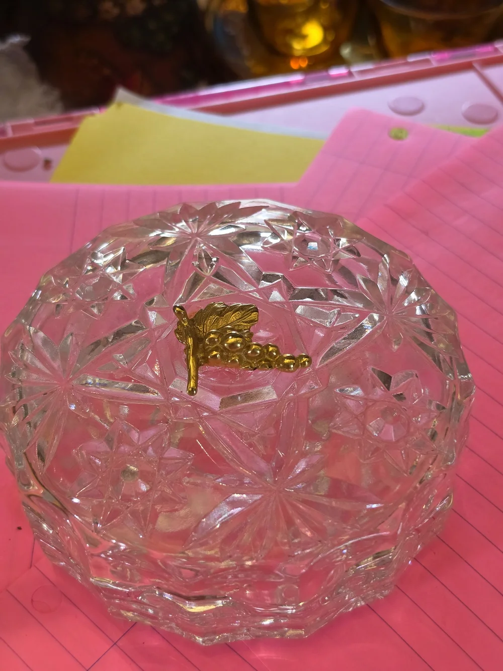 Clear Cut-Glass Trinket Box with Gold Leaf Accent